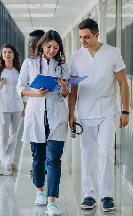 Team young doctors corridor hospital